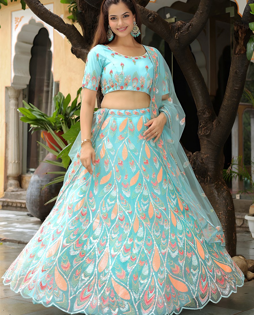 16012 - Amazing Sky Blue Sequins Net Bridesmaid Lehenga Choli With Dupatta