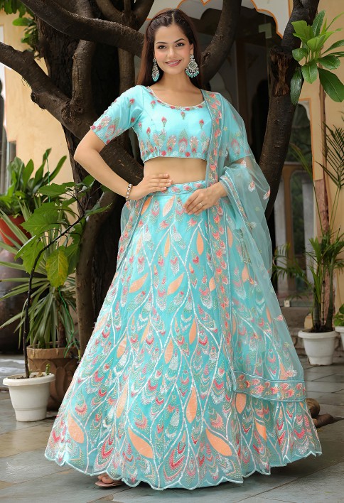 Amazing Sky Blue Sequins Net Bridesmaid Lehenga Choli With Dupatta