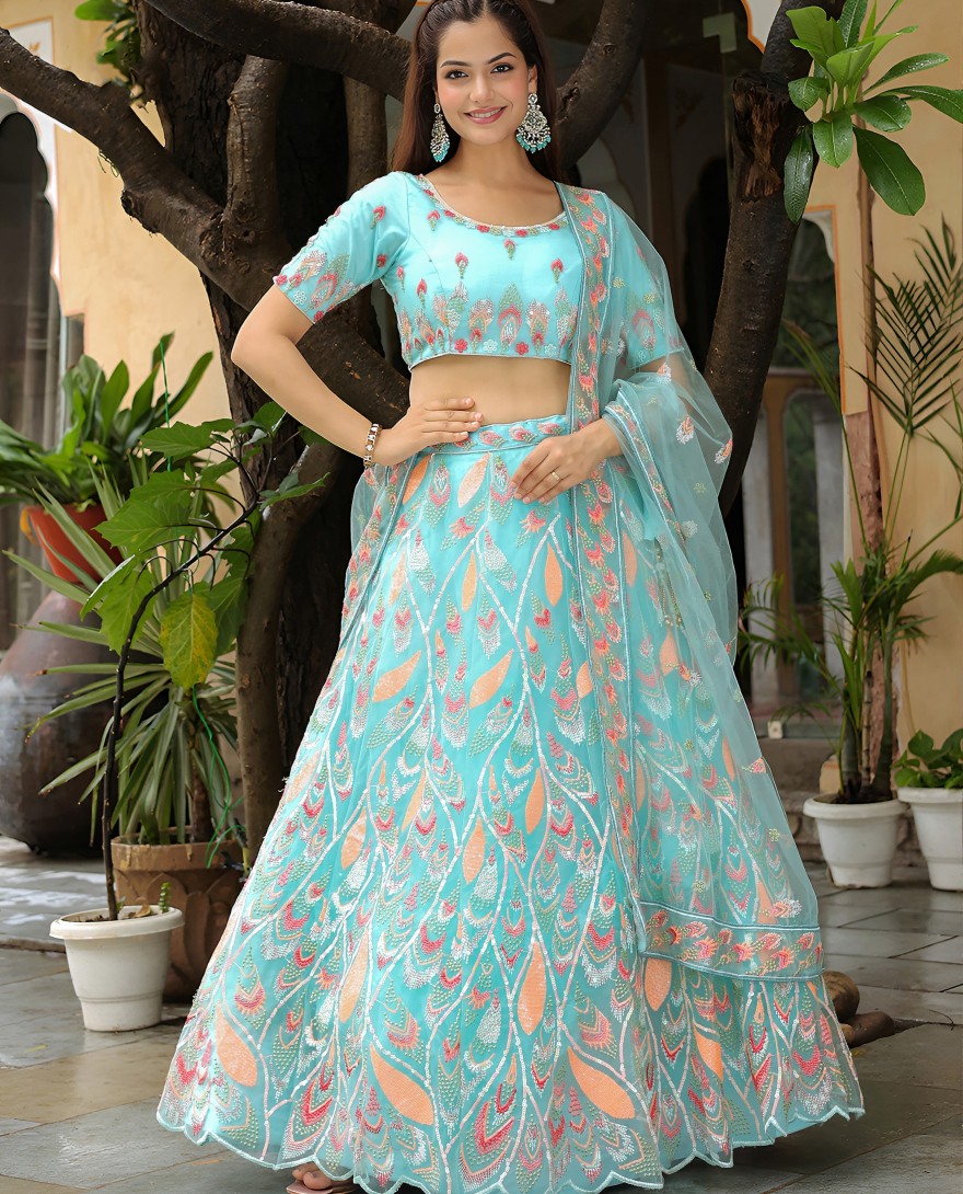 16012 - Amazing Sky Blue Sequins Net Bridesmaid Lehenga Choli With Dupatta