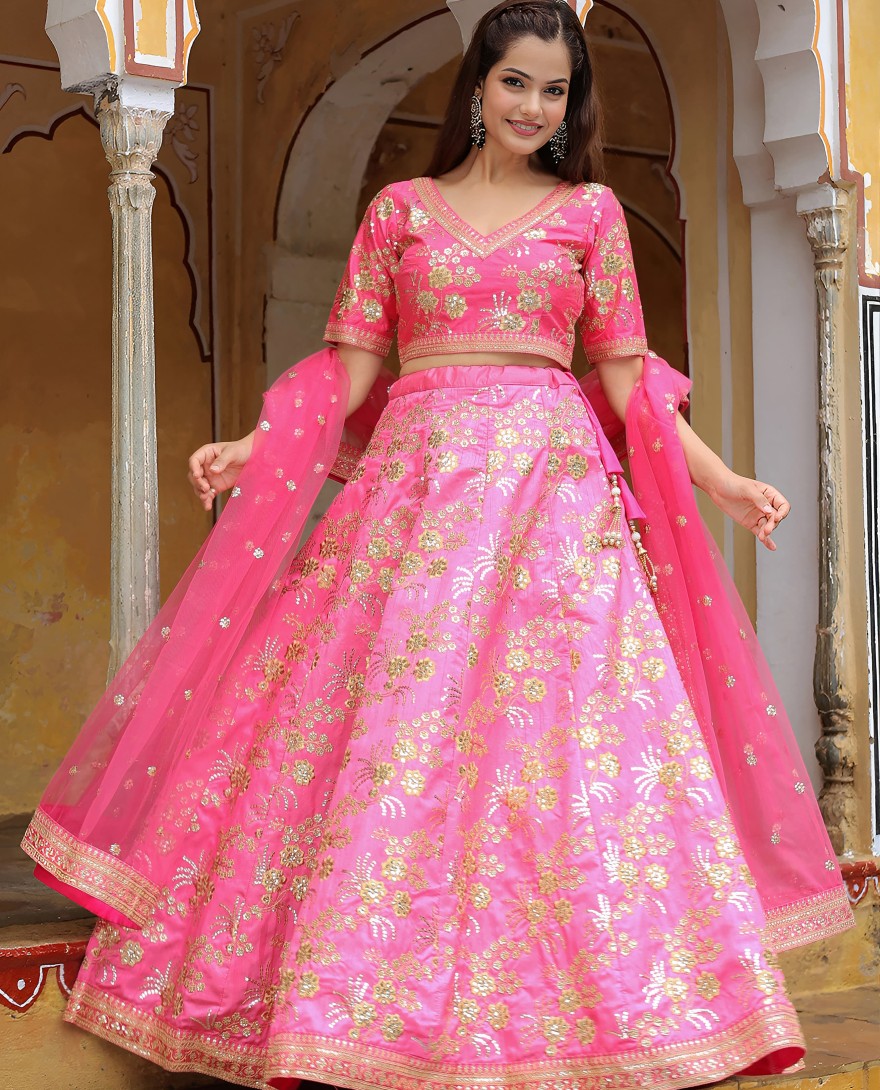 17055 - Pink silk sequin and thread embroidery lehenga
