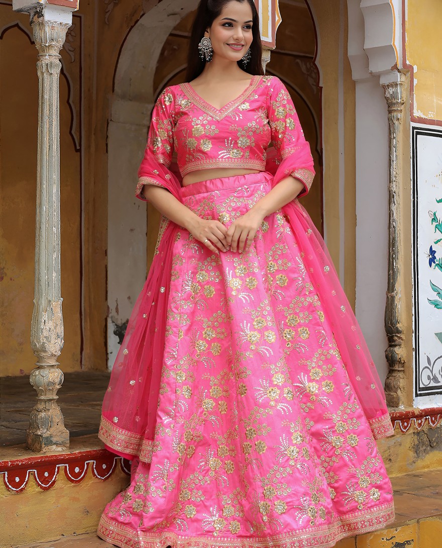 17055 - Pink silk sequin and thread embroidery lehenga