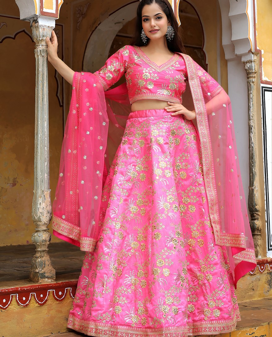 17055 - Pink silk sequin and thread embroidery lehenga