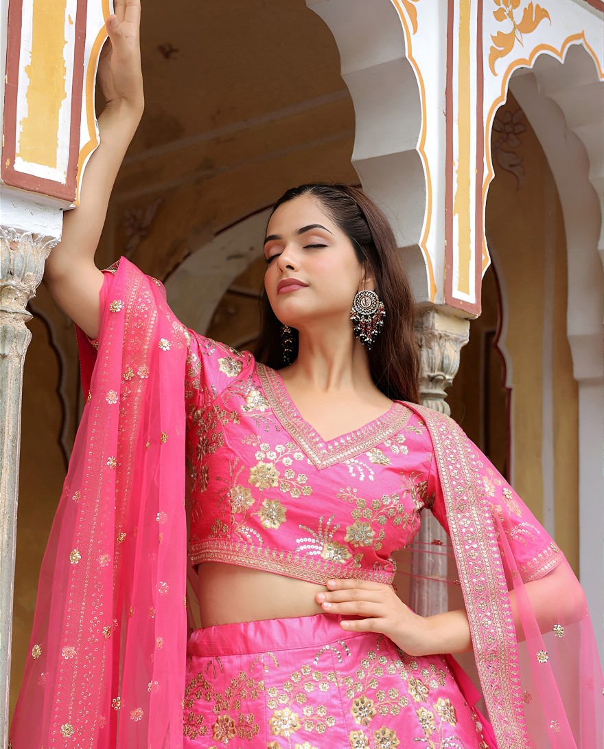17055 - Pink silk sequin and thread embroidery lehenga