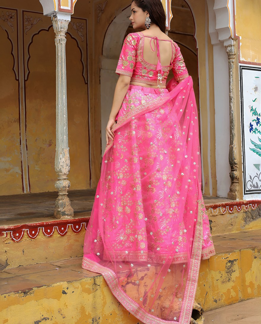 17055 - Pink silk sequin and thread embroidery lehenga
