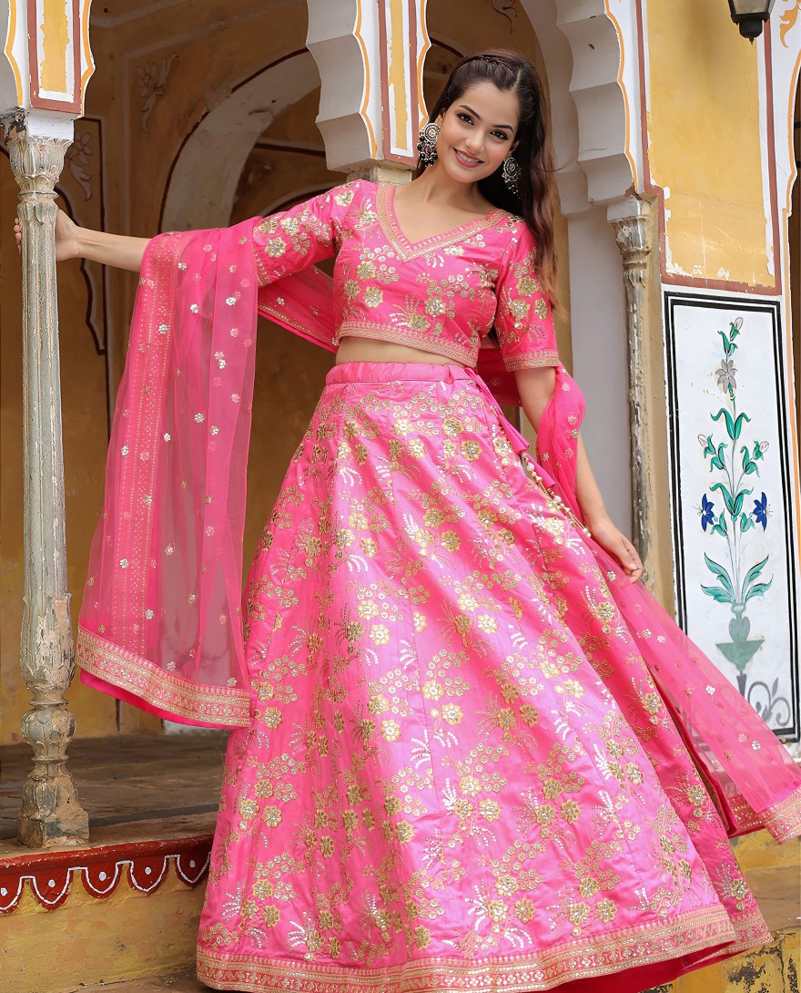 17055 - Pink silk sequin and thread embroidery lehenga