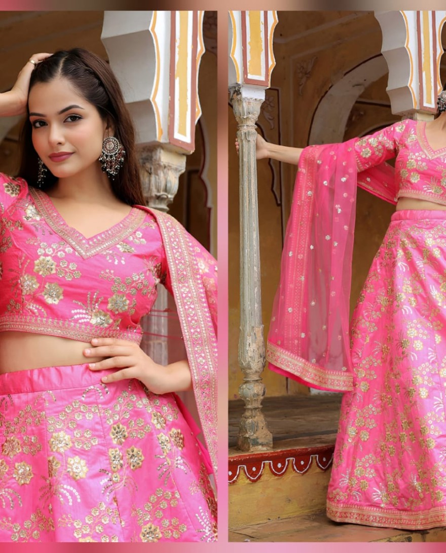 17055 - Pink silk sequin and thread embroidery lehenga