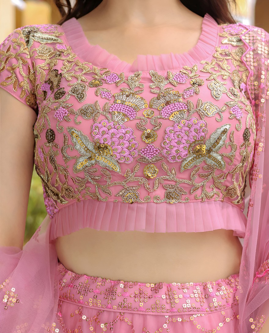 17313 - Enchanting Pink Embroidered Net Engagement Wear Lehenga Choli