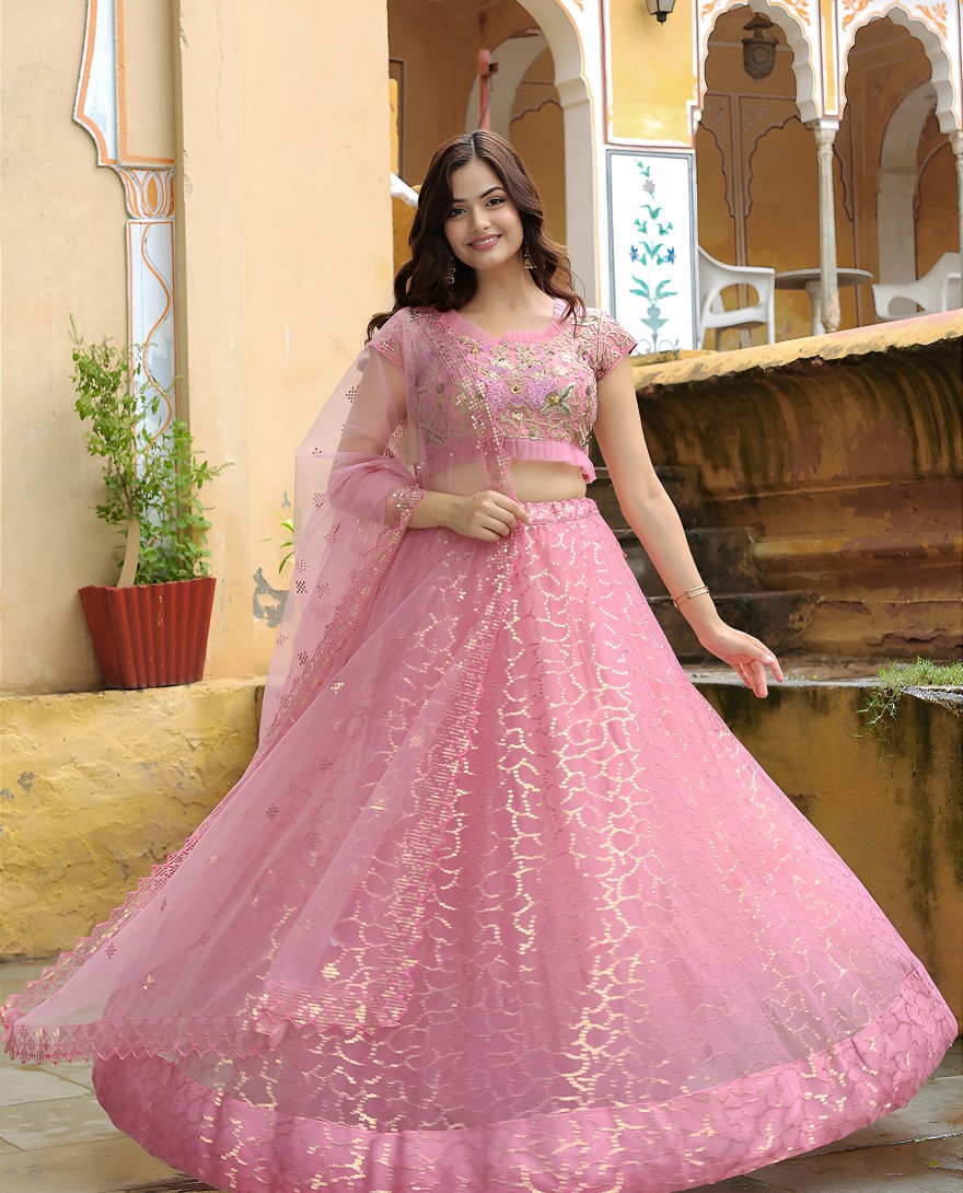 17313 - Enchanting Pink Embroidered Net Engagement Wear Lehenga Choli