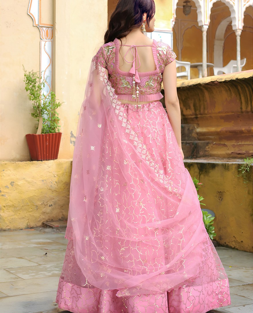 17313 - Enchanting Pink Embroidered Net Engagement Wear Lehenga Choli