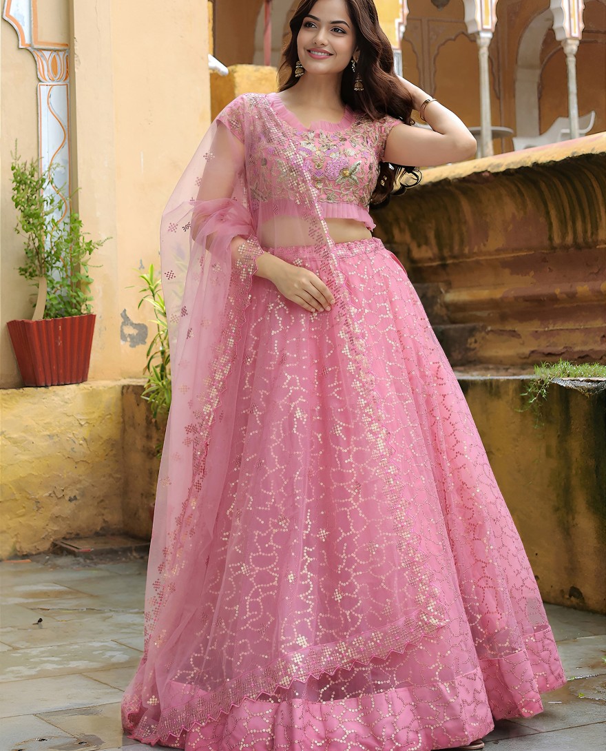 17313 - Enchanting Pink Embroidered Net Engagement Wear Lehenga Choli