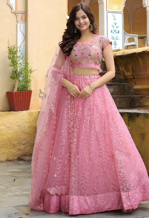 Enchanting Pink Embroidered Net Engagement Wear Lehenga Choli