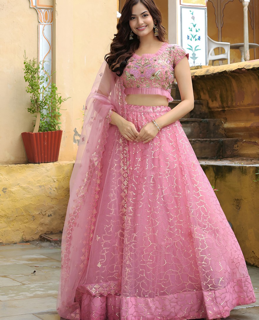 17313 - Enchanting Pink Embroidered Net Engagement Wear Lehenga Choli