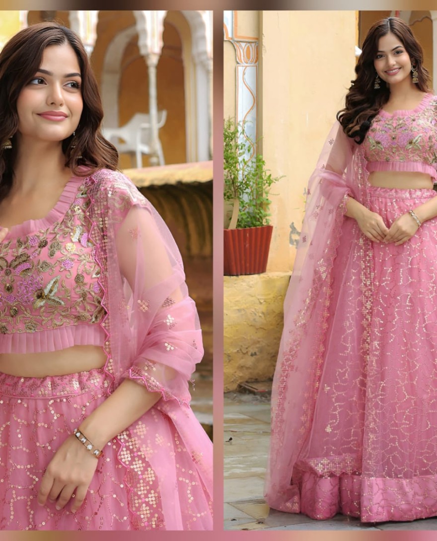 17313 - Enchanting Pink Embroidered Net Engagement Wear Lehenga Choli