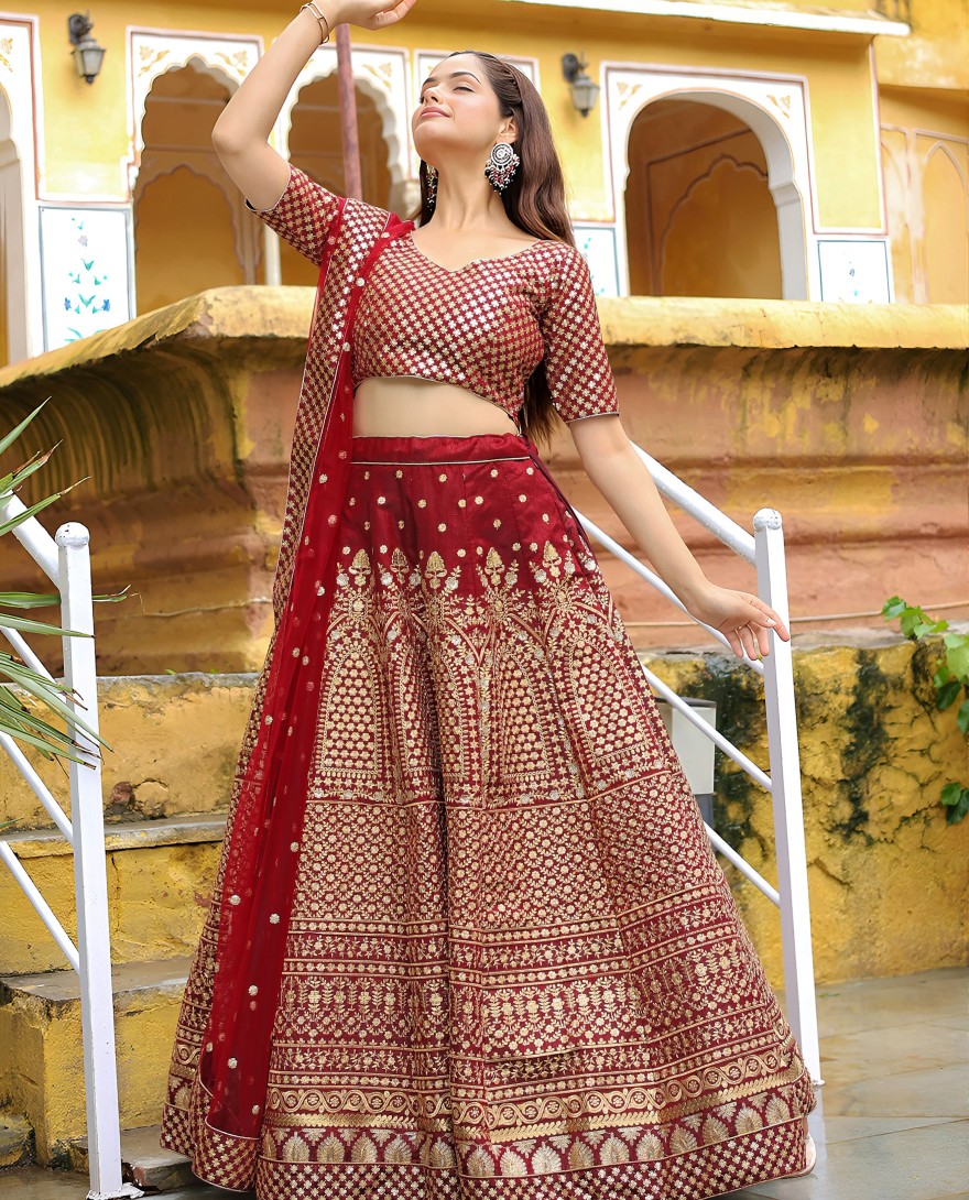 17409 - Beautiful Maroon Sequins Raw Silk Bridal Lehenga Choli With Dupatta