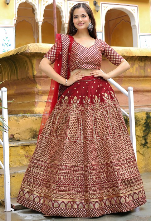 Beautiful Maroon Sequins Raw Silk Bridal Lehenga Choli With Dupatta