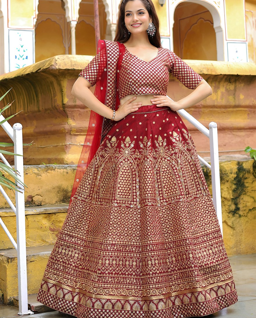 17409 - Beautiful Maroon Sequins Raw Silk Bridal Lehenga Choli With Dupatta