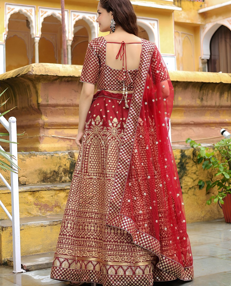 17409 - Beautiful Maroon Sequins Raw Silk Bridal Lehenga Choli With Dupatta