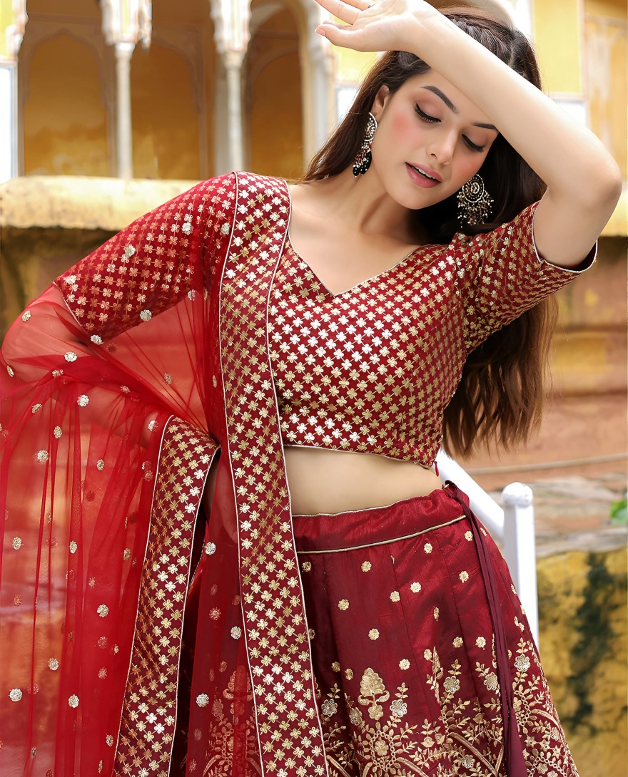 17409 - Beautiful Maroon Sequins Raw Silk Bridal Lehenga Choli With Dupatta