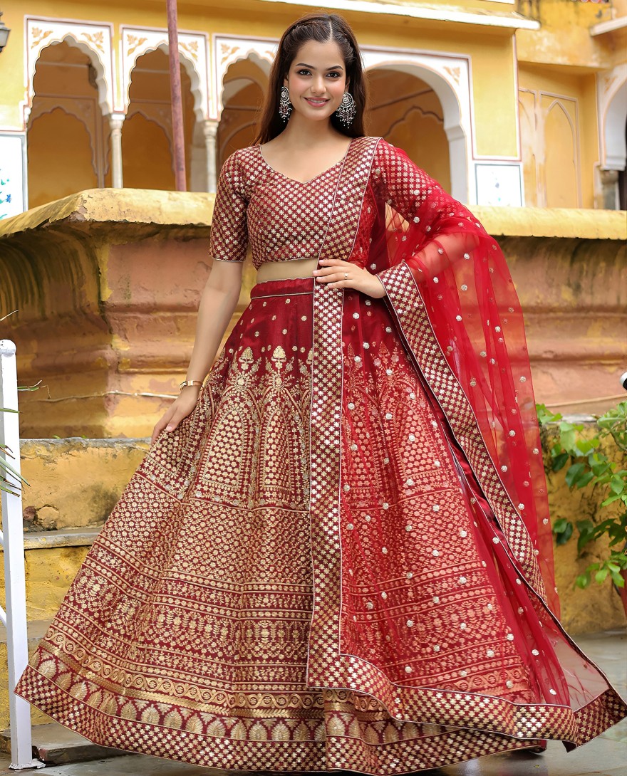 17409 - Beautiful Maroon Sequins Raw Silk Bridal Lehenga Choli With Dupatta