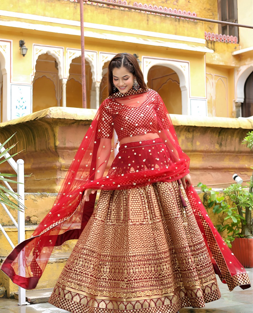 17409 - Beautiful Maroon Sequins Raw Silk Bridal Lehenga Choli With Dupatta