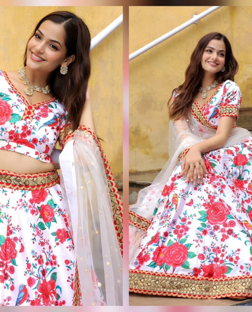 17512 - Off white art silk sequins work lehenga with embroidered net dupatta