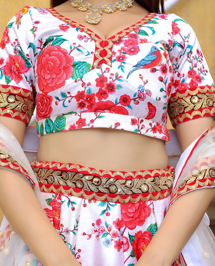 17512 - Off white art silk sequins work lehenga with embroidered net dupatta