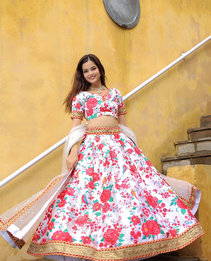 17512 - Off white art silk sequins work lehenga with embroidered net dupatta