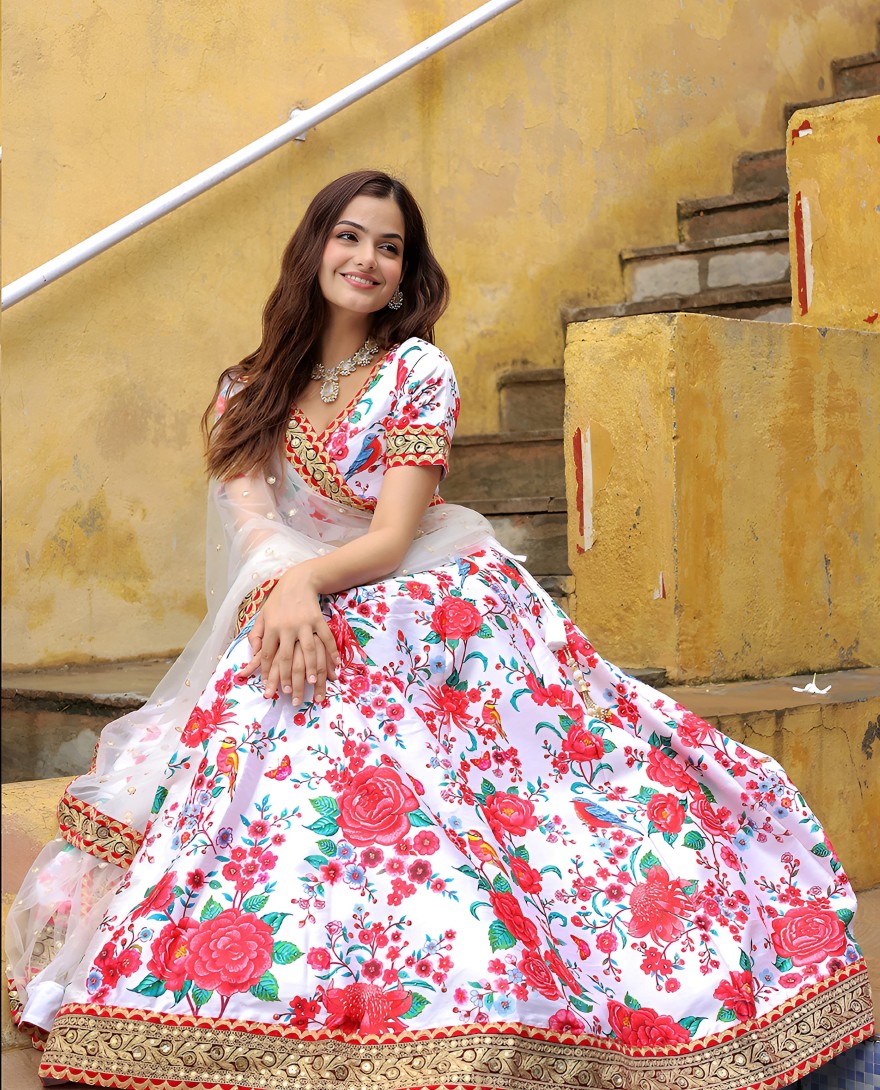 17512 - Off white art silk sequins work lehenga with embroidered net dupatta