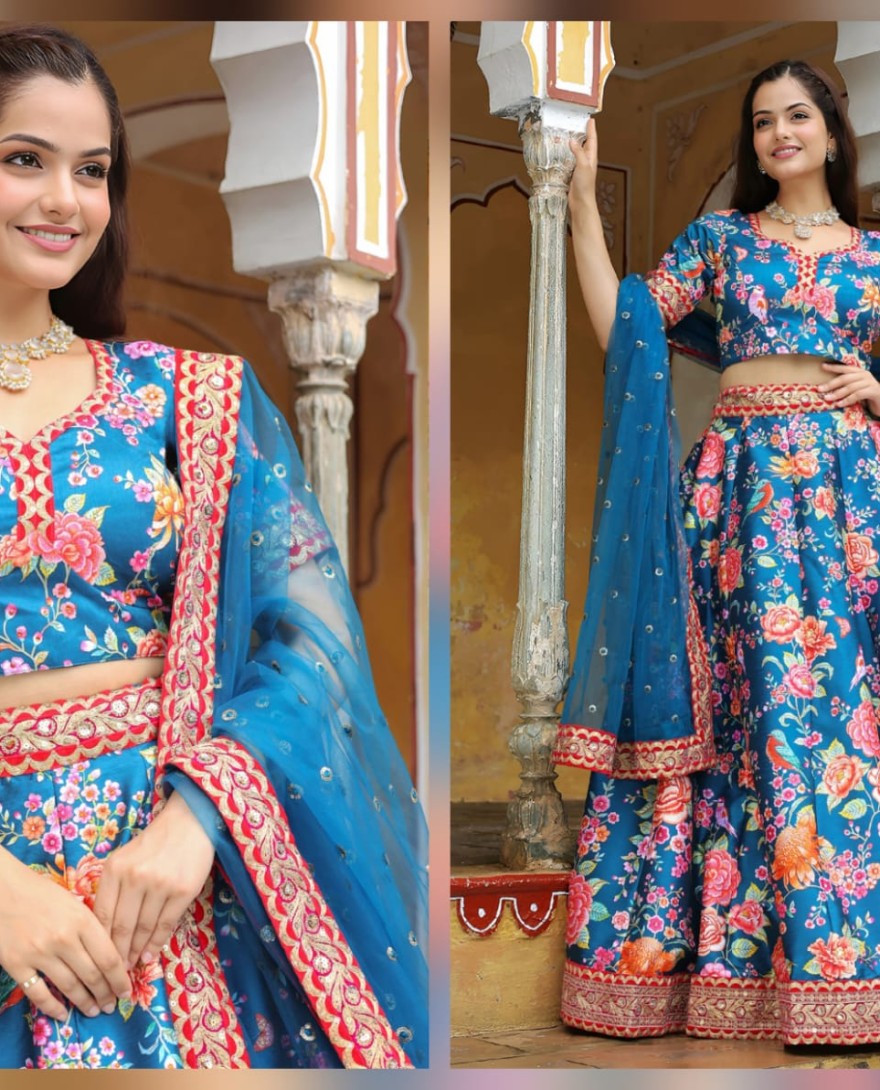 17515 - Outstanding Teal Blue Floral Printed Art Silk Wedding Lehenga Choli