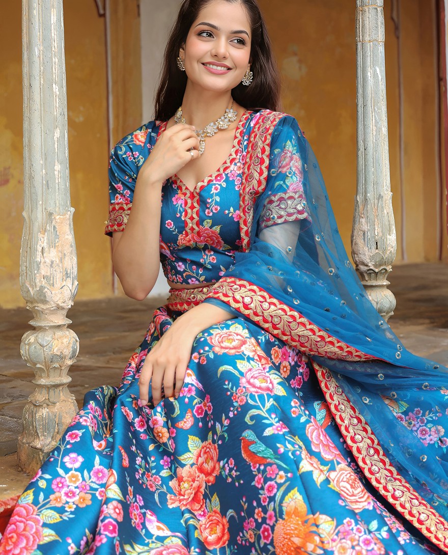 17515 - Outstanding Teal Blue Floral Printed Art Silk Wedding Lehenga Choli