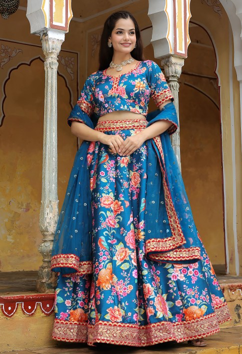 Outstanding Teal Blue Floral Printed Art Silk Wedding Lehenga Choli