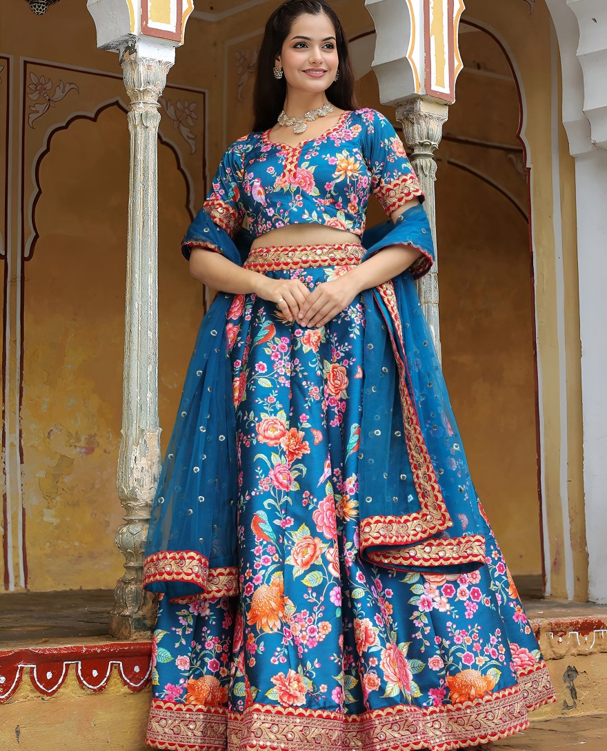 17515 - Outstanding Teal Blue Floral Printed Art Silk Wedding Lehenga Choli