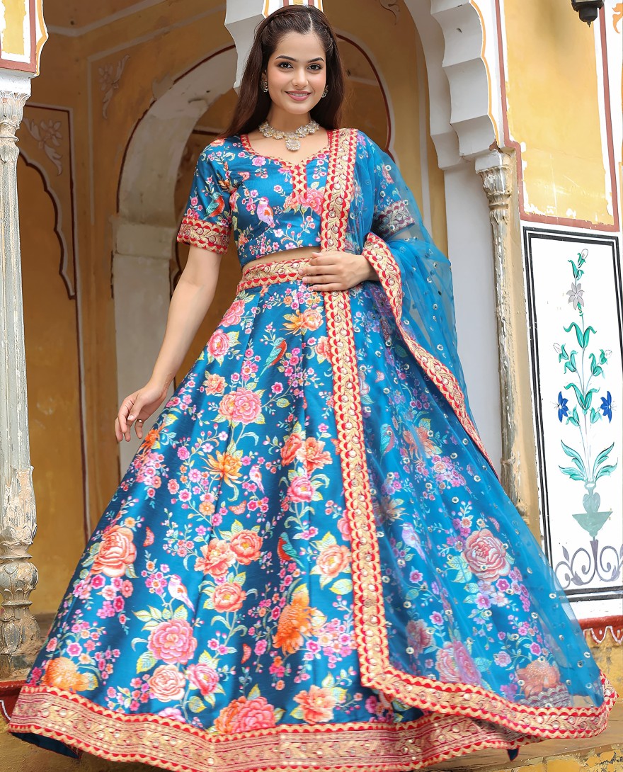 17515 - Outstanding Teal Blue Floral Printed Art Silk Wedding Lehenga Choli