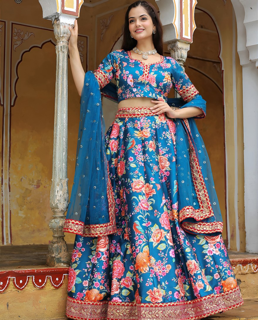 17515 - Outstanding Teal Blue Floral Printed Art Silk Wedding Lehenga Choli