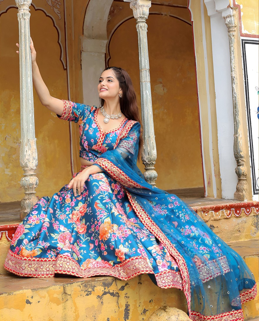 17515 - Outstanding Teal Blue Floral Printed Art Silk Wedding Lehenga Choli