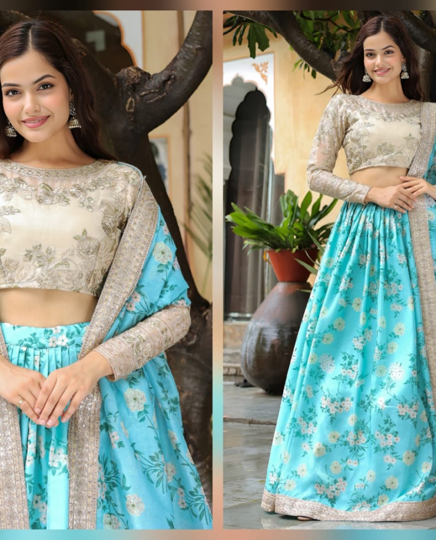 17606 - Captivating Sky Blue Floral Print Organza Function Wear Lehenga Choli