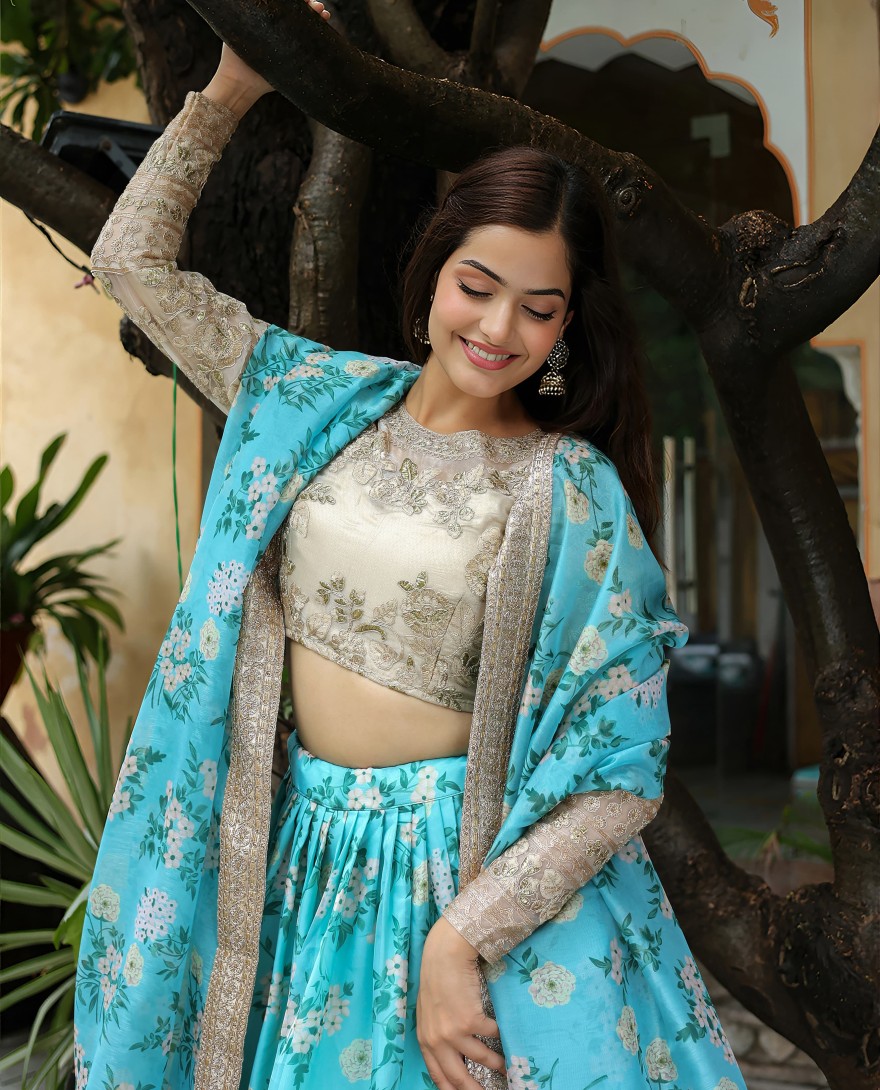 17606 - Captivating Sky Blue Floral Print Organza Function Wear Lehenga Choli