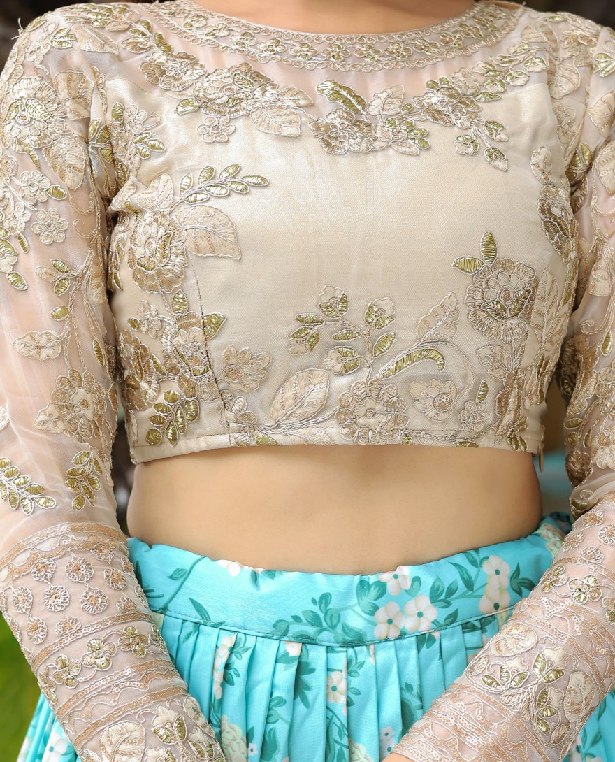 17606 - Captivating Sky Blue Floral Print Organza Function Wear Lehenga Choli