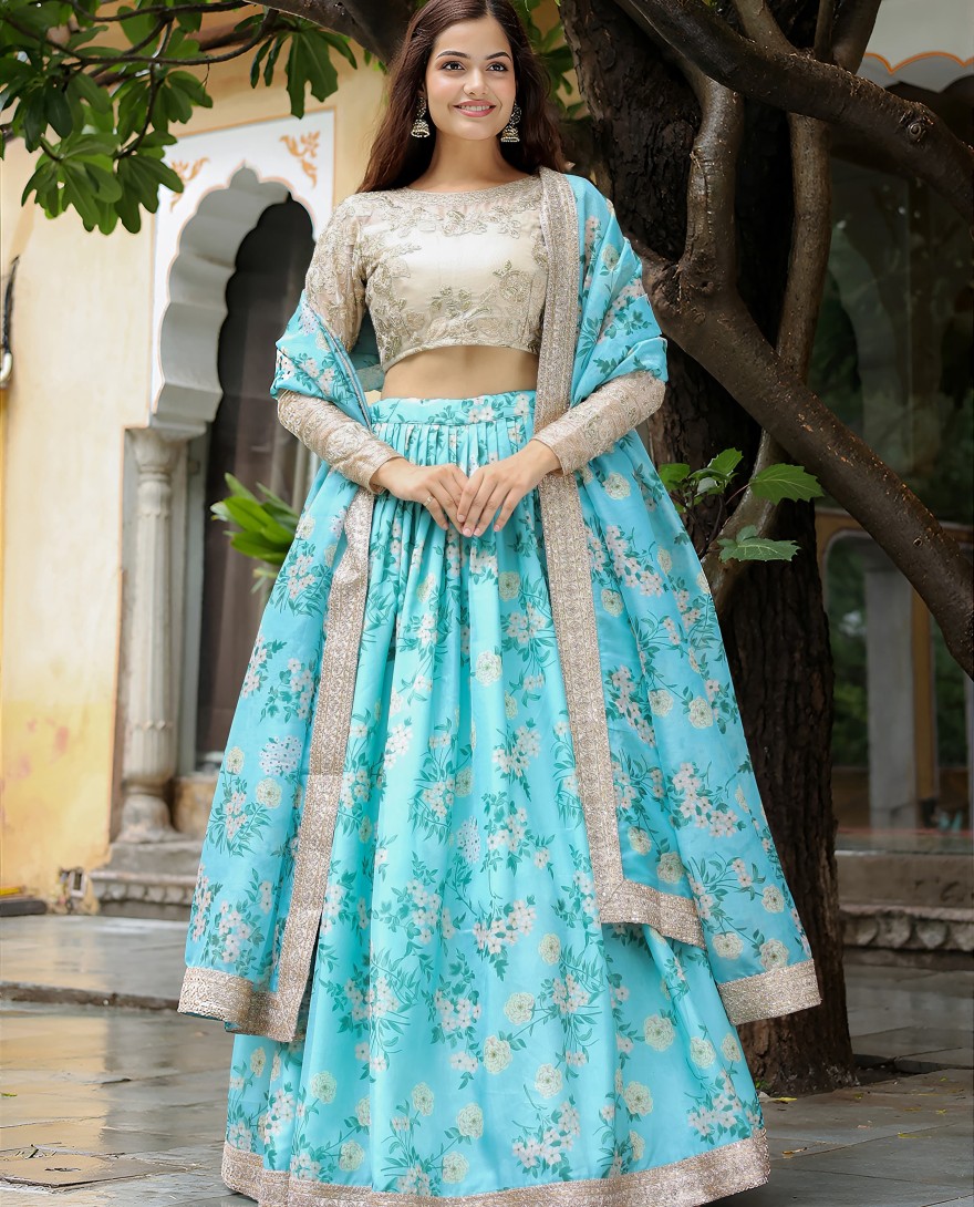 17606 - Captivating Sky Blue Floral Print Organza Function Wear Lehenga Choli