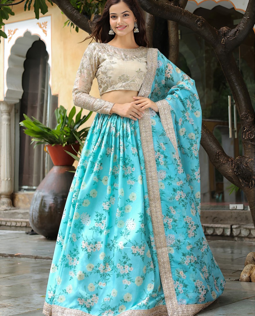 17606 - Captivating Sky Blue Floral Print Organza Function Wear Lehenga Choli