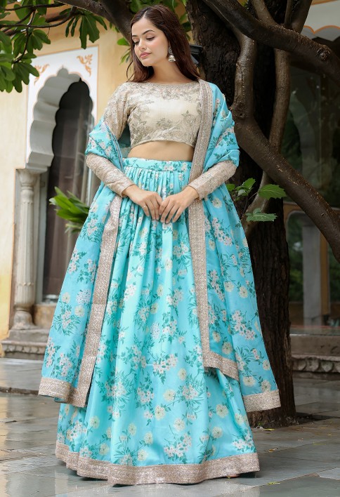 Captivating Sky Blue Floral Print Organza Function Wear Lehenga Choli