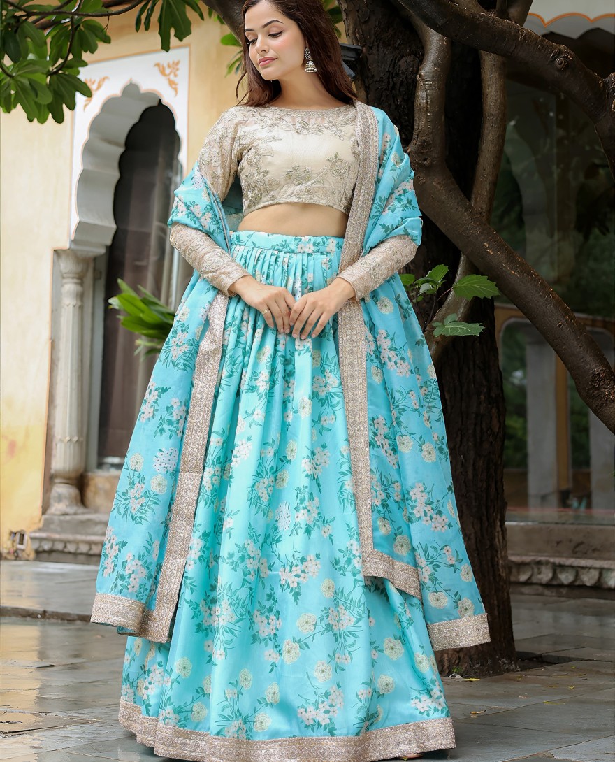 17606 - Captivating Sky Blue Floral Print Organza Function Wear Lehenga Choli