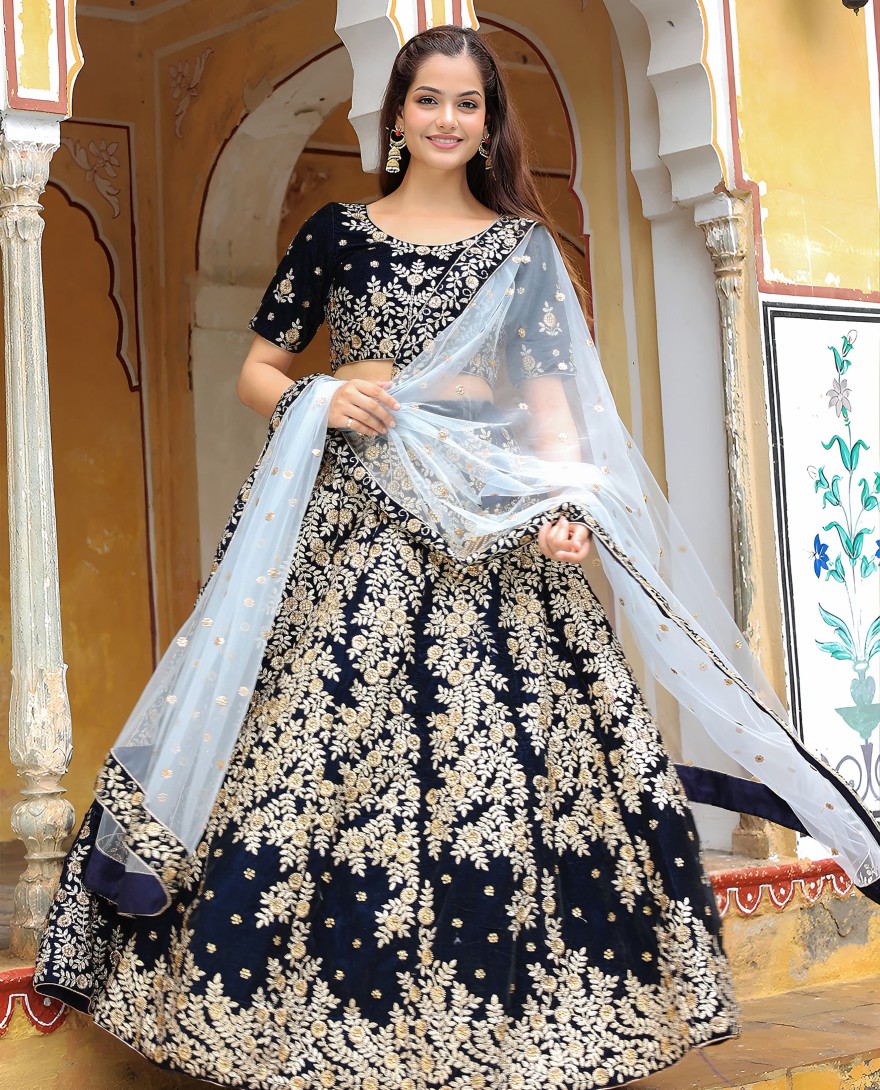 17707 - Stunning navy blue embroidered velvet wedding lehenga choli with dupatta