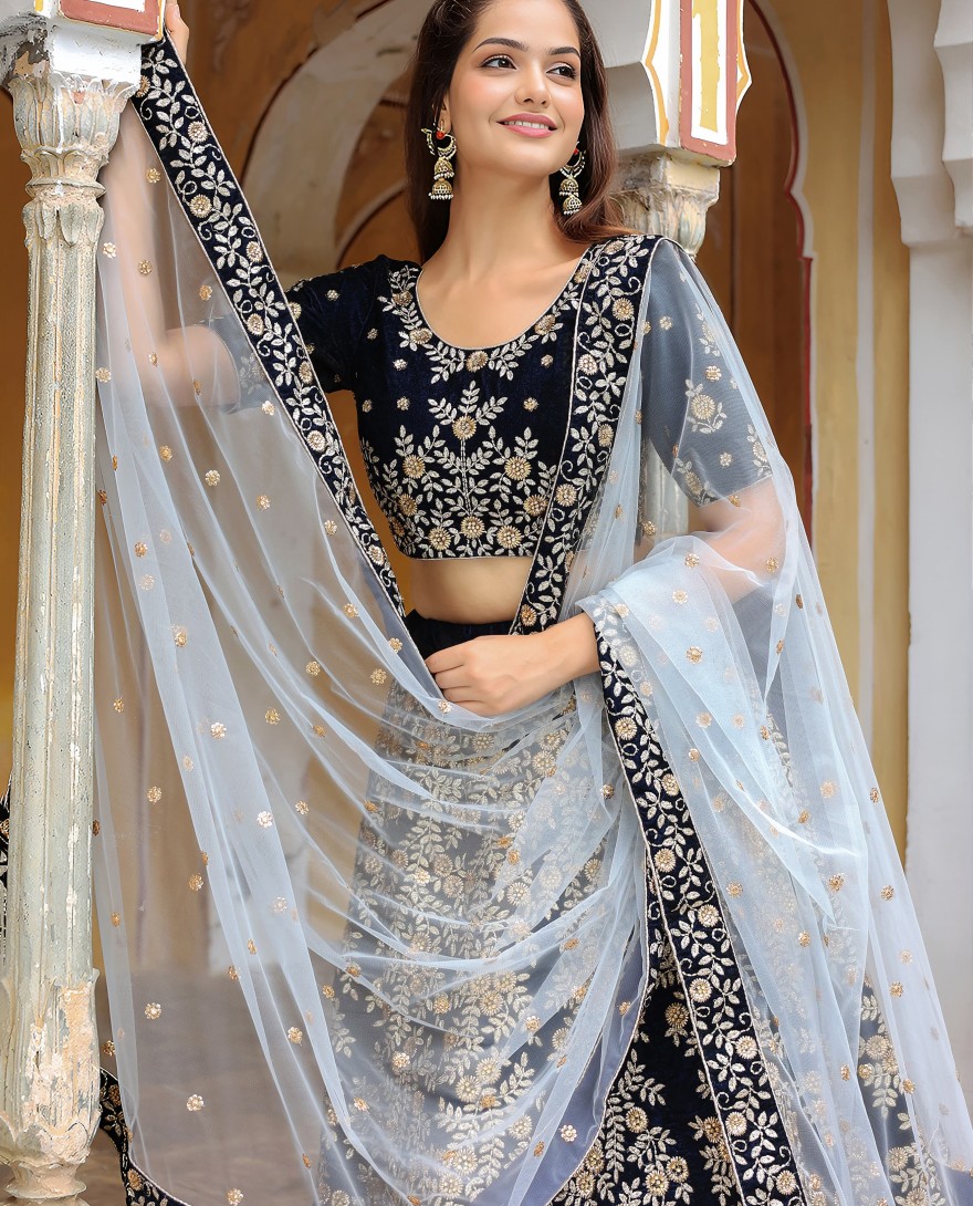 17707 - Stunning navy blue embroidered velvet wedding lehenga choli with dupatta