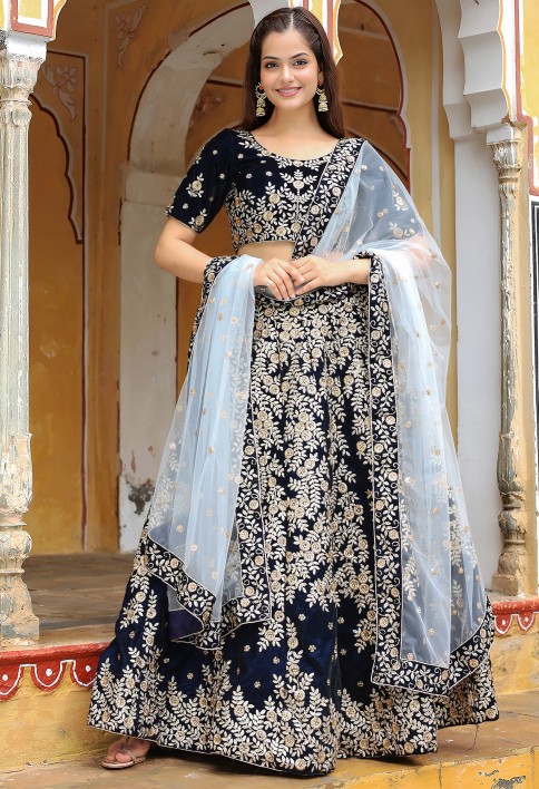 Stunning navy blue embroidered velvet wedding lehenga choli with dupatta