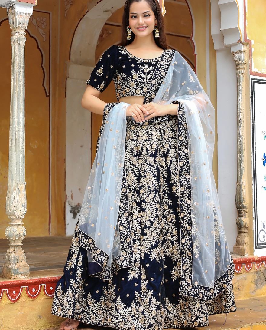 17707 - Stunning navy blue embroidered velvet wedding lehenga choli with dupatta