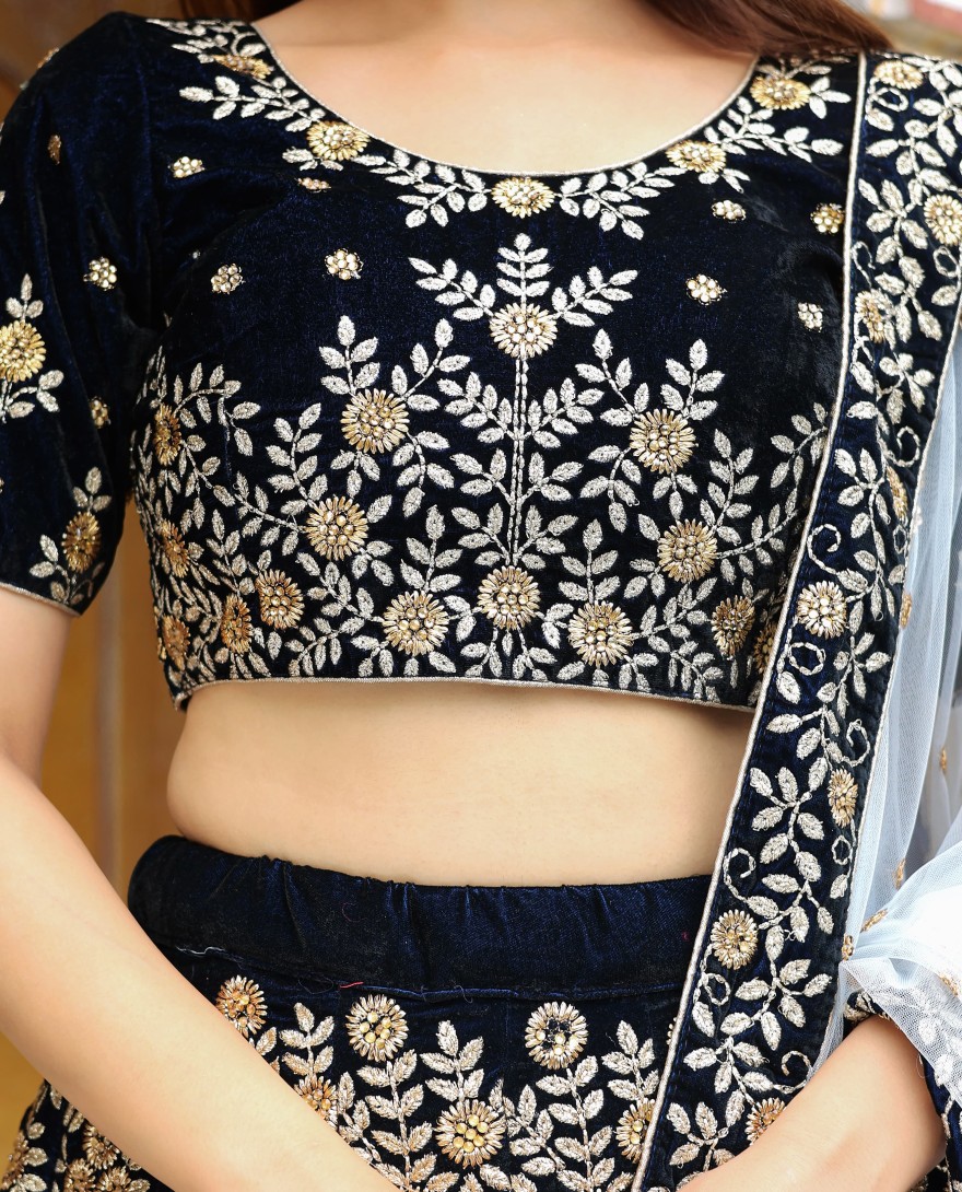 17707 - Stunning navy blue embroidered velvet wedding lehenga choli with dupatta
