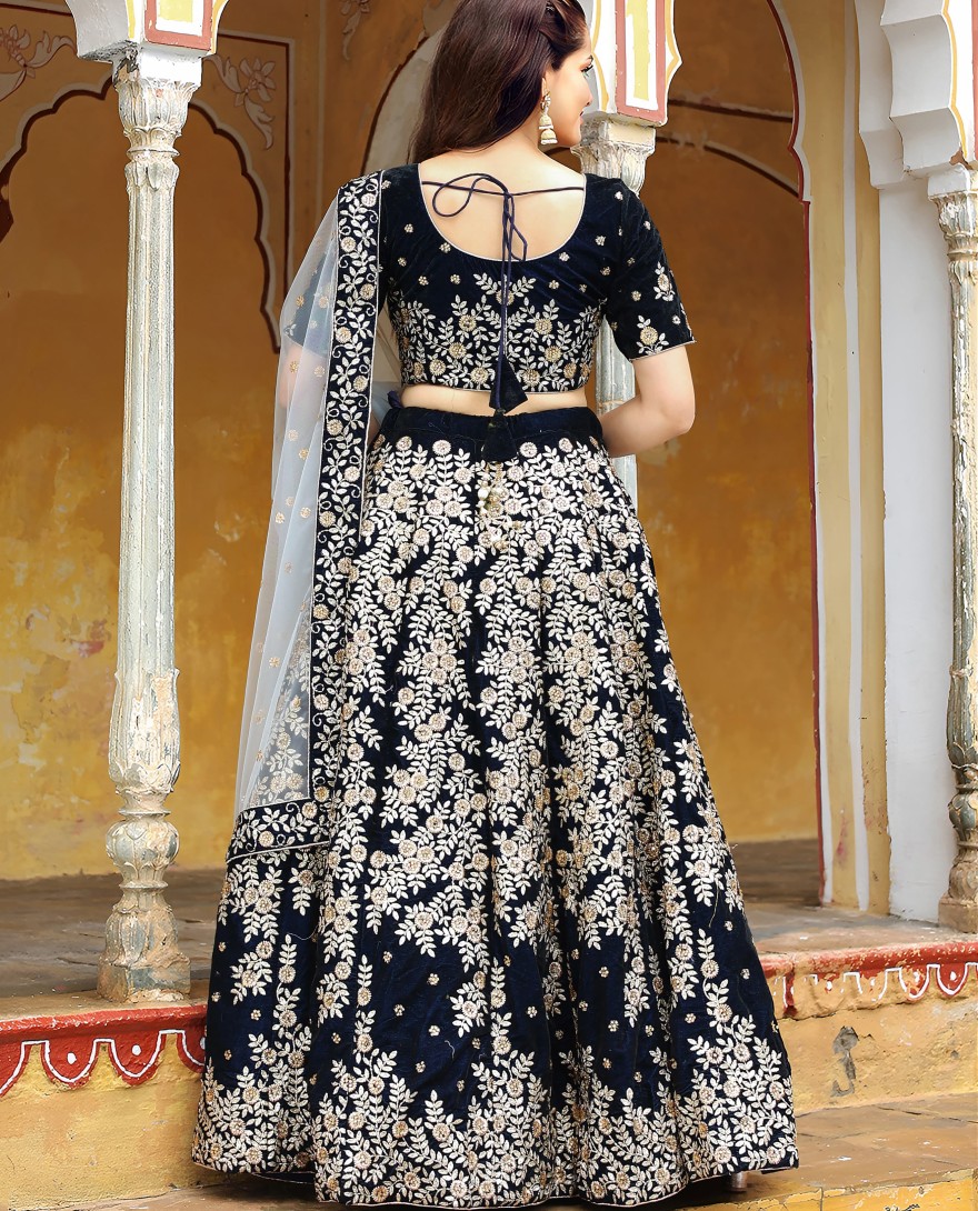 17707 - Stunning navy blue embroidered velvet wedding lehenga choli with dupatta