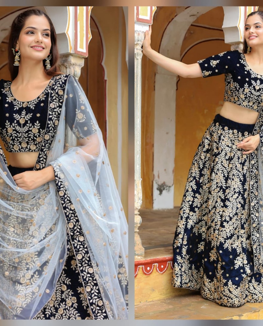 17707 - Stunning navy blue embroidered velvet wedding lehenga choli with dupatta