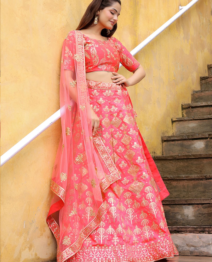 17812 - Bewitching peach embroidered silk wedding lehenga choli with dupatta